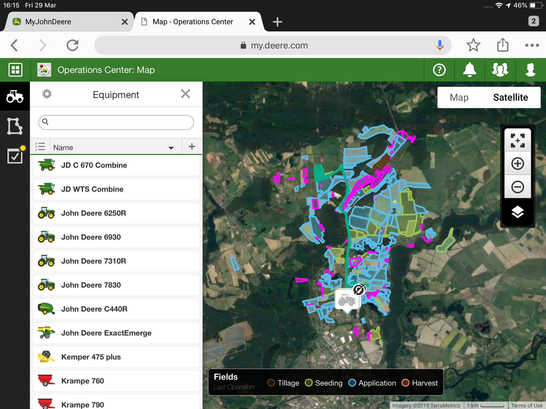 A screen shot of the Operations Centre mapping page in MyJohnDeere.com.